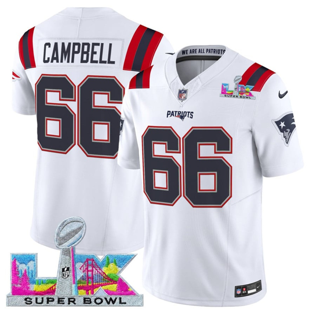 Men's New England Patriots #66 Will Campbell White 2026 F.U.S.E. Super Bowl LX Patch Vapor Limited Stitched Football Jersey