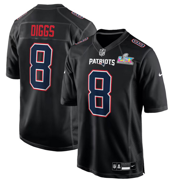 Men's New England Patriots #8 Stefon Diggs Black 2026 Super Bowl LX Patch Carbon Fashion Stitched Game Jersey