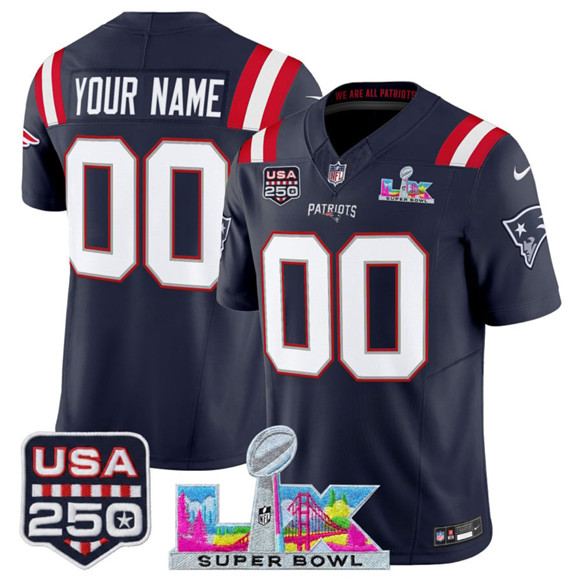 Men's New England Patriots Active Player Custom Navy 2026 F.U.S.E. Super Bowl LX & USA 250' Patch Vapor Limited Football Stitched Jersey
