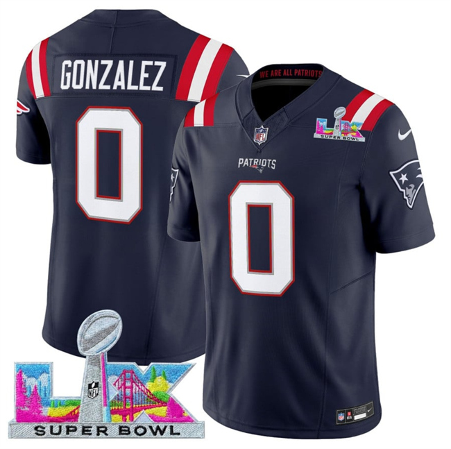 Men's New England Patriots #0 Christian Gonzalez Navy 2026 F.U.S.E. Super Bowl LX Patch Vapor Limited Stitched Football Jersey