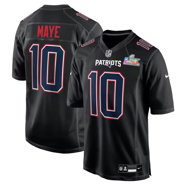 Men's New England Patriots #10 Drake Maye Black 2026 Super Bowl LX Patch Carbon Fashion Stitched Game Jersey