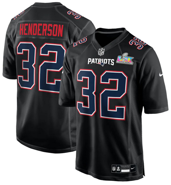Men's New England Patriots #32 TreVeyon Henderson Black 2026 Super Bowl LX Patch Carbon Fashion Stitched Game Jersey