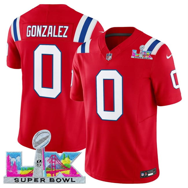 Men's New England Patriots #0 Christian Gonzalez Red 2026 F.U.S.E. Super Bowl LX Patch Vapor Limited Stitched Football Jersey