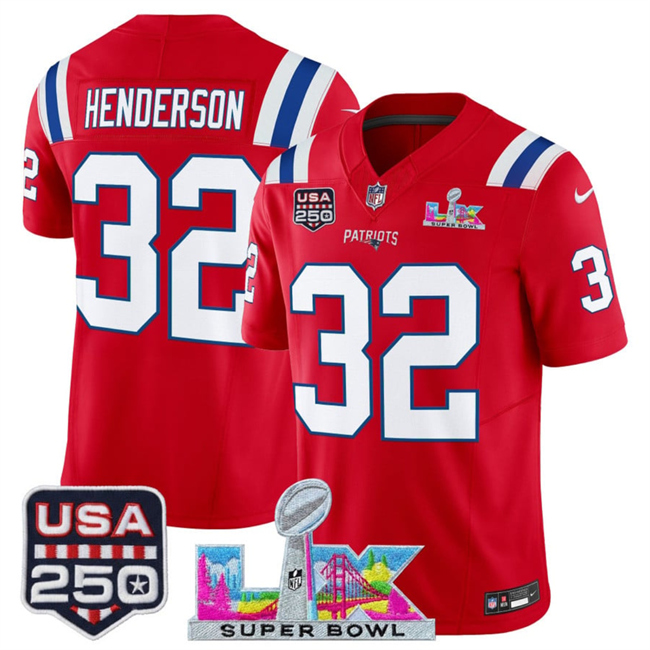 Men's New England Patriots #32 TreVeyon Henderson Red 2026 F.U.S.E. Super Bowl LX Patch And USA 250' Patch Vapor Limited Football Stitched Jersey