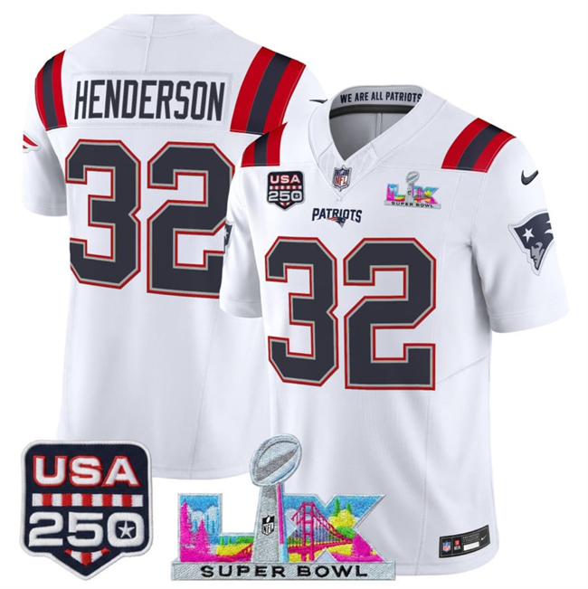 Men's New England Patriots #32 TreVeyon Henderson White 2026 F.U.S.E. Super Bowl LX Patch And USA 250' Patch Vapor Limited Football Stitched Jersey