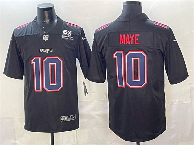 Men's New England Patriots #10 Drake Maye Black Fashion With 6x Super Bowl Champions Patch Vapor Untouchable Limited Stitched Football Jersey