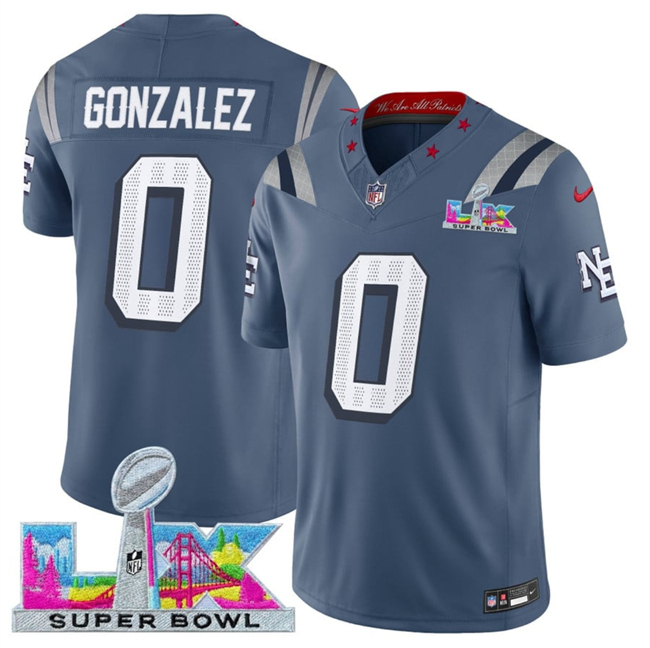 Men's New England Patriots #0 Christian Gonzalez Storm Blue 2026 F.U.S.E. Super Bowl LX Patch “Rivalries” Vapor Limited Stitched Football Jersey