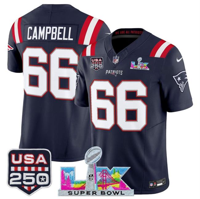 Men's New England Patriots #66 Will Campbell Navy 2026 F.U.S.E. Super Bowl LX Patch And USA 250' Patch Vapor Limited Football Stitched Jersey