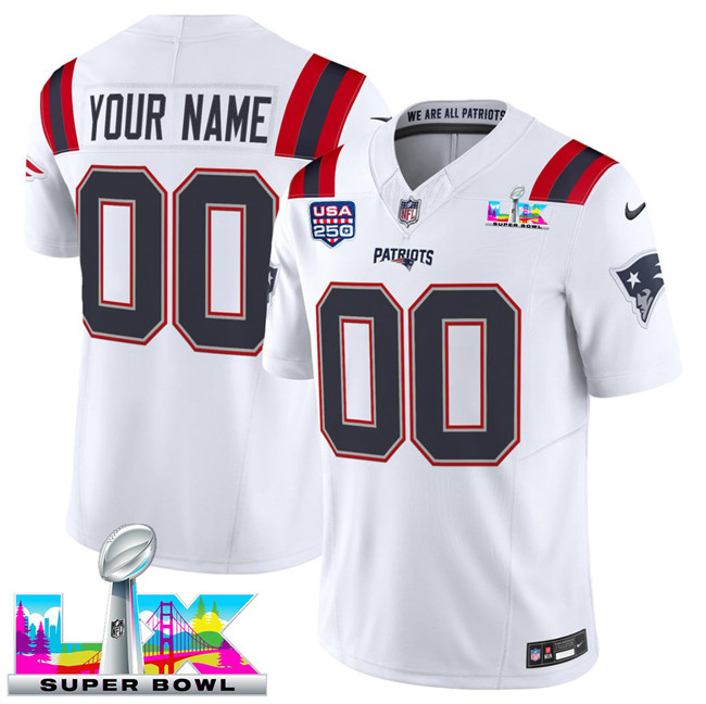 Men's New England Patriots Active Player Custom White 2026 F.U.S.E. Super Bowl LX & US 250th Anniversary Patch Vapor Limited Stitched Football Jersey