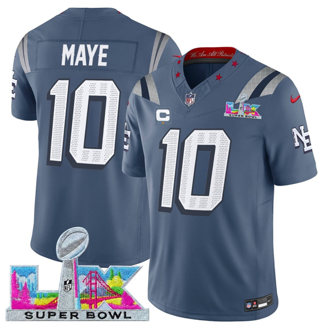 Men's New England Patriots #10 Drake Maye Storm Blue 2026 F.U.S.E. Super Bowl LX Patch And 1-Star C Patch “Rivalries” Vapor Limited Stitched Football Jersey