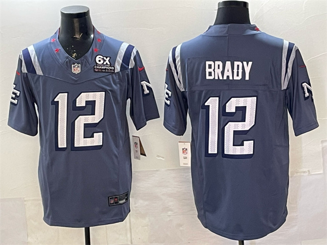 Men's New England Patriots #12 Tom Brady Storm Blue 2026 F.U.S.E. With 6x Super Bowl Champions Patch “Rivalries” Vapor Limited Stitched Football Jersey