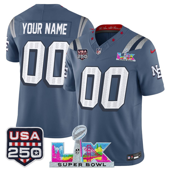 Men's New England Patriots Active Player Custom Storm Blue 2026 F.U.S.E. Super Bowl LX & USA 250' Patch “Rivalries” Vapor Limited Football Stitched Jersey
