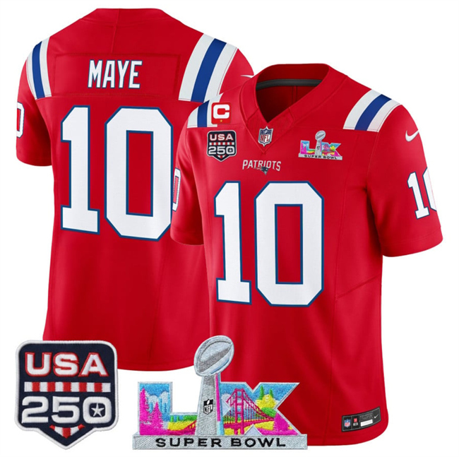 Men's New England Patriots #10 Drake Maye Red 2026 F.U.S.E. 1-Star C Patch And Super Bowl LX Patch & USA 250' Patch Vapor Limited Football Stitched Jersey