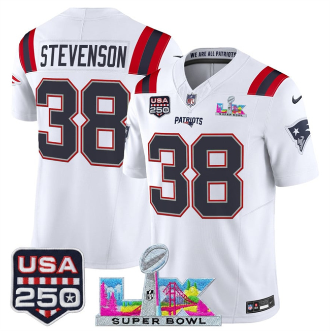 Men's New England Patriots #38 Rhamondre Stevenson White 2026 F.U.S.E. Super Bowl LX Patch And USA 250' Patch Vapor Limited Football Stitched Jersey