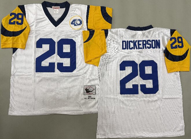 Men's  Los Angeles Rams #29 Eric Dickerson 1985 White 40th Anniversary Willabee Ward Patch Throwback Jersey