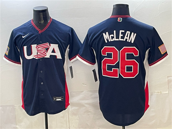 Men's USA Baseball #26 Nolan McLean Navy 2026 World Baseball Classic Road Stadium Stitched Jersey