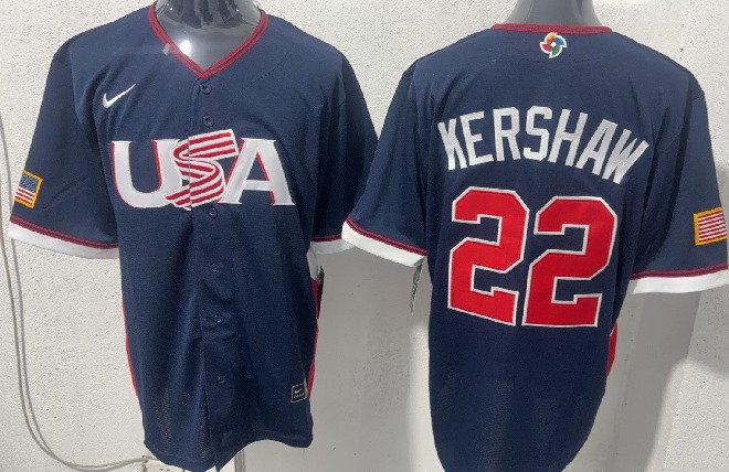 Men's USA Baseball #22 Clayton Kershaw Navy 2026 World Baseball Classic Home Stadium Stitched Jersey