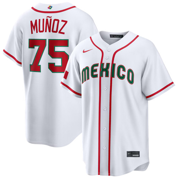 Men's Mexico Baseball #75 Andrés Mu?oz White 2026 World Baseball Classic Home Stadium Stitched Jersey
