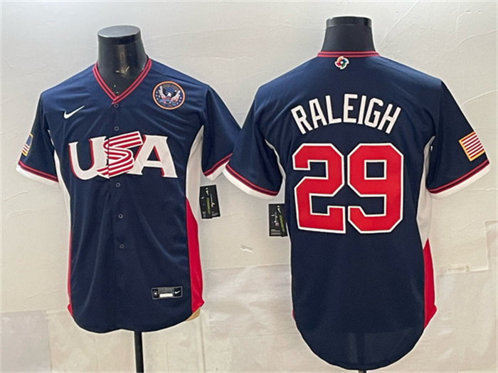 Men's USA Baseball #29 Cal Raleigh Navy 2026 World Baseball Classic United States 250th Anniversary Patch Road Stadium Stitched Jersey