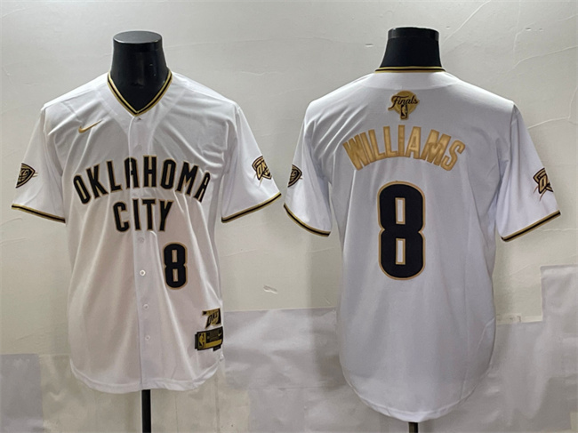 Men's Oklahoma City Thunder #8 Jalen Williams White Gold 2025 Finals Vapor Stitched Baseball Jersey