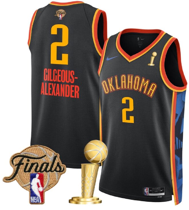 Men's Oklahoma City Thunder #2 Shai Gilgeous-Alexander Black 2025 Finals Patch And Finals Champions Patch City Edition Stitched Basketball Jersey