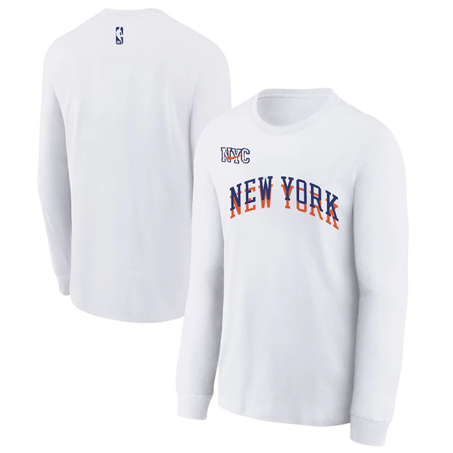 Men's New York Knicks White 2025 City Edition Essential Logo Long Sleeve T-Shirt