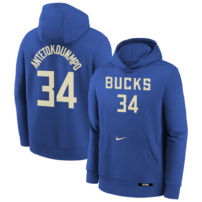 Men's Milwaukee Bucks #34 Giannis Antetokounmpo Royal 2025 City Edition Club Fleece Pullover Hoodie
