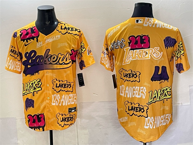 Men's Los Angeles Lakers Team Big Logo Yellow Limited Stitched Baseball  Jersey