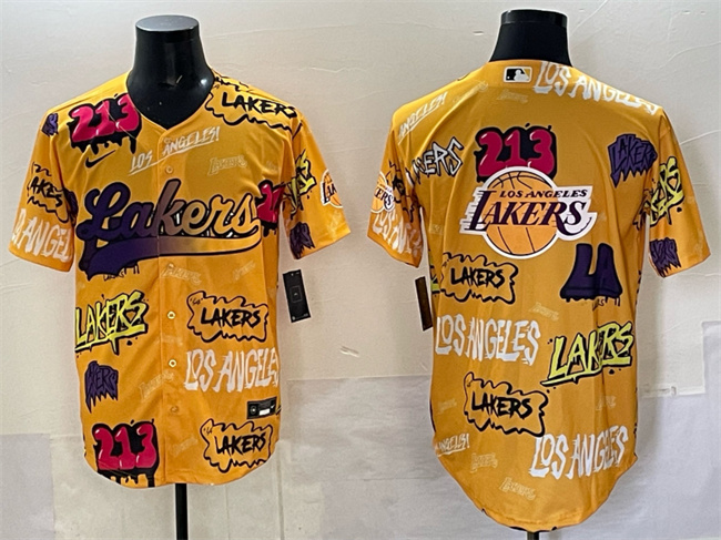 Men's Los Angeles Lakers Team Big Logo Yellow Limited Stitched Baseball   Jersey