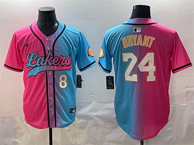 Men's Los Angeles Lakers Front #8 Back #24 Kobe Bryant Pink Blue Limited Stitched Baseball Jersey