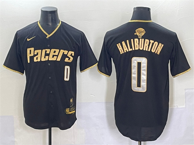 Men's Indiana Pacers #0 Tyrese Haliburton Black Gold 2025 Finals Vapor Stitched Baseball Jersey