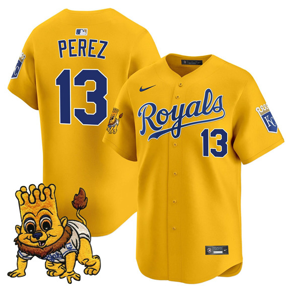 Men's Kansas City Royals #13 Salvador Perez Gold Sluggerrr Patch Vapor Limited Stitched Baseball Jersey