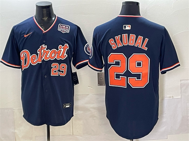 Men's Detroit Tigers #29 Tarik Skubal Navy 2026 Alternate USA 250 Patch Vapor Premier Limited Stitched Baseball Jersey