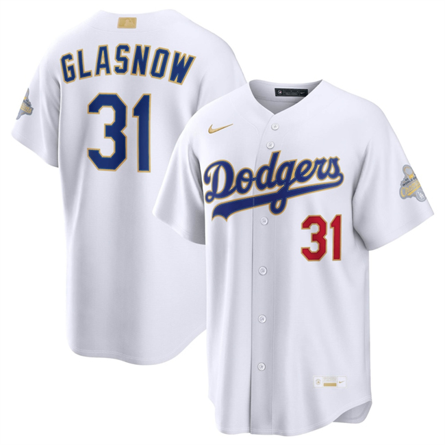 Men's Los Angeles Dodgers #31 Tyler Glasnow White 2026 Gold Collection Stadium Stitched Baseball Jersey