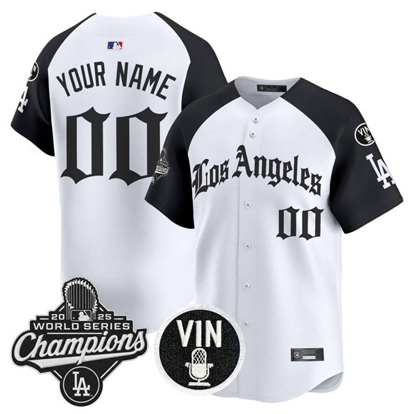 Men's Los Angeles Dodgers Active Player Custom White Black 2025 World Series Champions Vin Patch Vapor Limited Stitched Baseball Jersey
