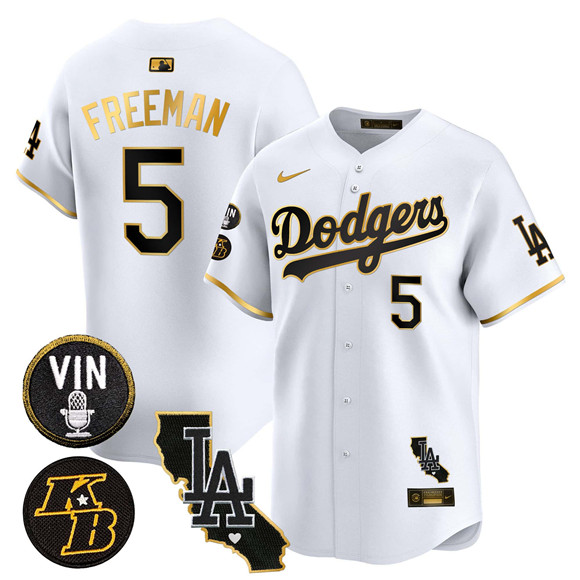 Men's Los Angeles Dodgers #5 Freddie Freeman White Gold 2025 Vin & Kobe Patch Vapor Limited V2 Stitched Baseball Jersey