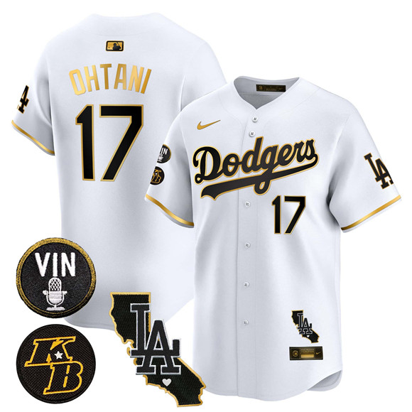 Men's Los Angeles Dodgers #17 Shohei Ohtani White Gold 2025 Vin & Kobe Patch Vapor Limited V2 Stitched Baseball Jersey