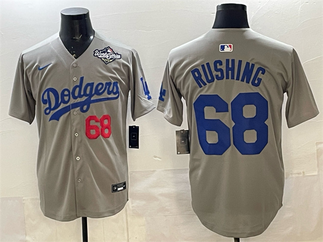 Men's Los Angeles Dodgers #68 Dalton Rushing Grey 2025 World Series Patch Limited Stitched Baseball Jersey