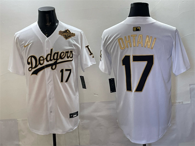 Men's Los Angeles Dodgers #17 Shohei Ohtani White Gold 2025 World Series Patch Limited Stitched Baseball Jersey