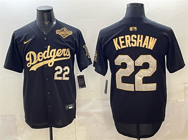 Men's Los Angeles Dodgers #22 Clayton Kershaw Black Gold 2025 World Series Patch Limited Stitched Baseball Jersey