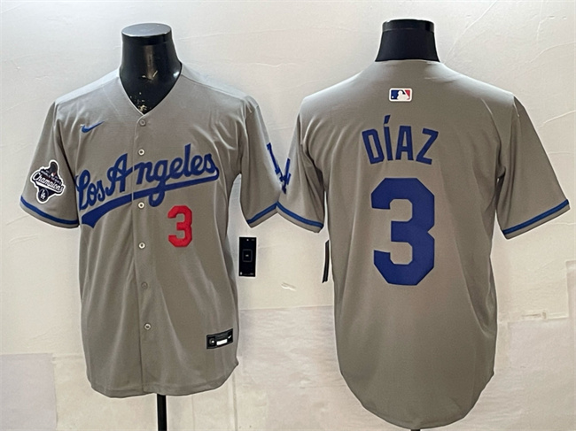 Men's Los Angeles Dodgers #3 Edwin Díaz Grey With 2025 World Series Champions Patch Limited Stitched Baseball  Jersey