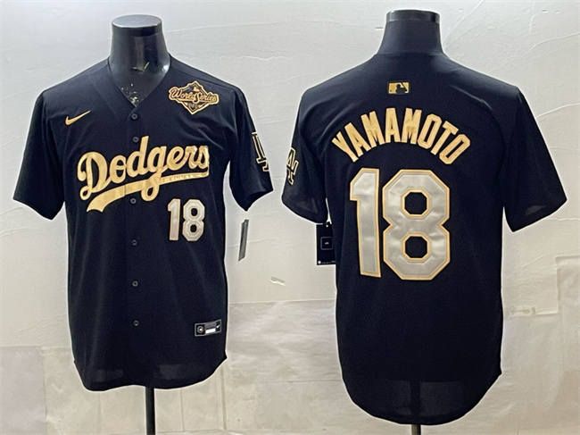 Men's Los Angeles Dodgers #18 Yoshinobu Yamamoto Black Gold 2025 World Series Patch Limited Stitched Baseball Jersey