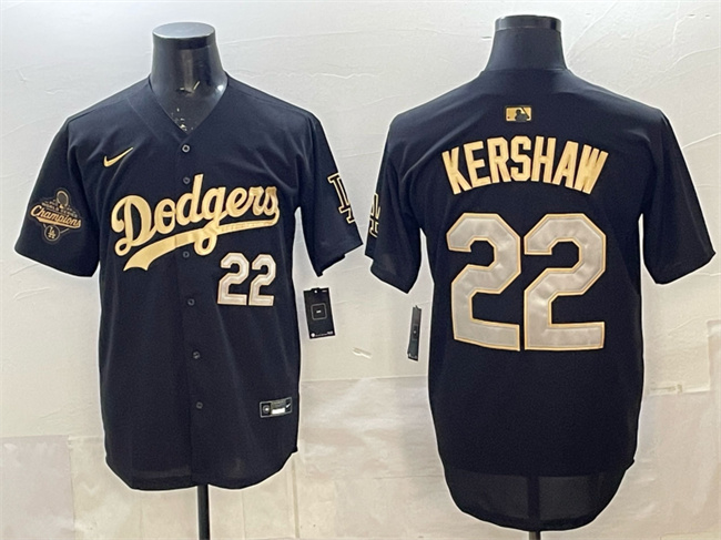 Men's Los Angeles Dodgers #22 Clayton Kershaw Black Gold 2025 World Series Champions Patch Limited Stitched Baseball Jersey