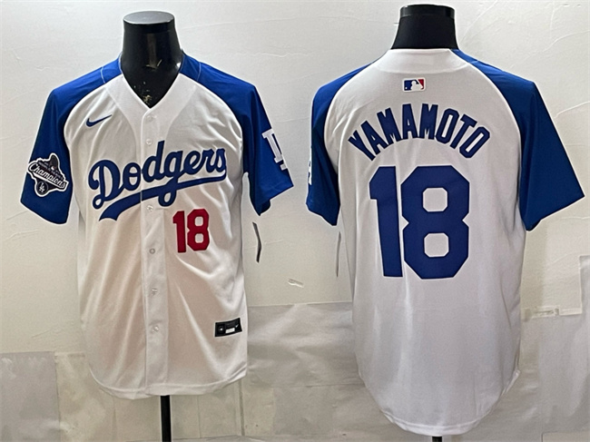 Men's Los Angeles Dodgers #18 Yoshinobu Yamamoto White Royal 2025 World Series Champions Patch Limited Stitched Baseball J  ersey