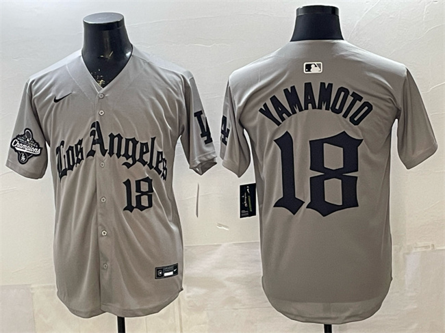 Men's Los Angeles Dodgers #18 Yoshinobu Yamamoto Grey LA Gothic Style With 2025 World Series Champions Patch Limited Stitched Baseball Jersey