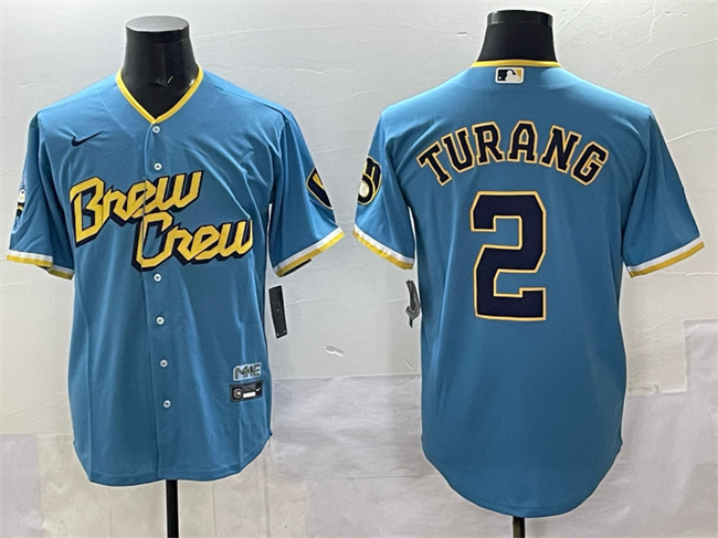Men's Milwaukee Brewers #2 Brice Turang Powder Blue City Connect Cool Base Stitched Jersey
