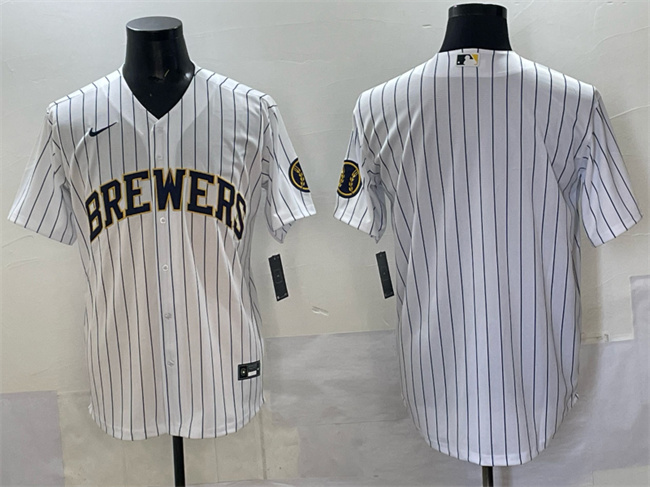 Men's Milwaukee Brewers Blank White Pinstripe 2025 With Patch Stitched Baseball Jersey