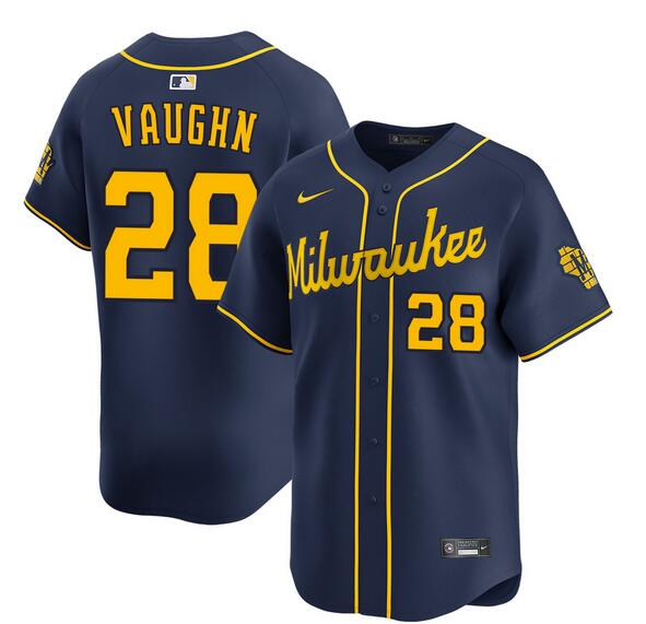 Men's Milwaukee Brewers #28 Andrew Vaughn Navy Alternate Limited Stitched Baseball Jersey