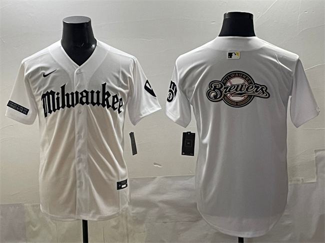 Men's Milwaukee Brewers Team Big Logo White 'Gothic 414 Shadows Edition' Vapor Premier Limited Stitched Jersey