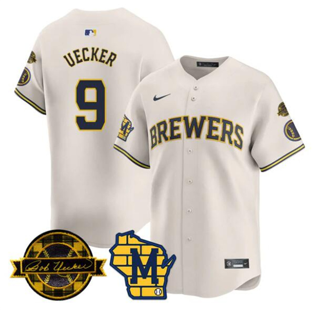 Men's Milwaukee Brewers #9 Bob Uecker Cream With Home & Bob Uecker Patch Limited Stitched Baseball Jersey